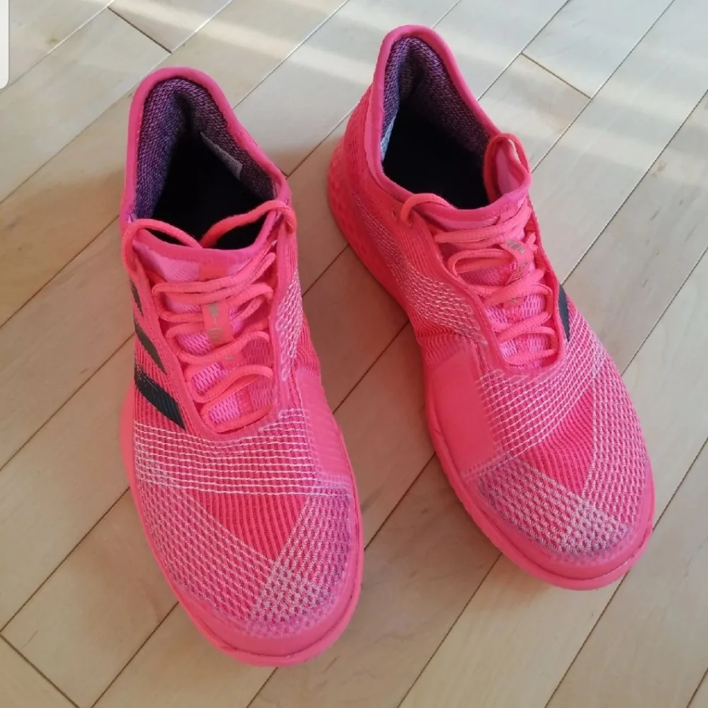 adidas Hot Pink Knit Athletic Sneakers with Black Stripes